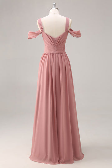 Dusty Rose Cold Shoulder Ruched Long Bridesmaid Dress with Slit